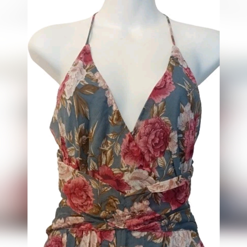 Astr Blue Floral Maxi Dress with Pink Roses - Picture 4 of 8
